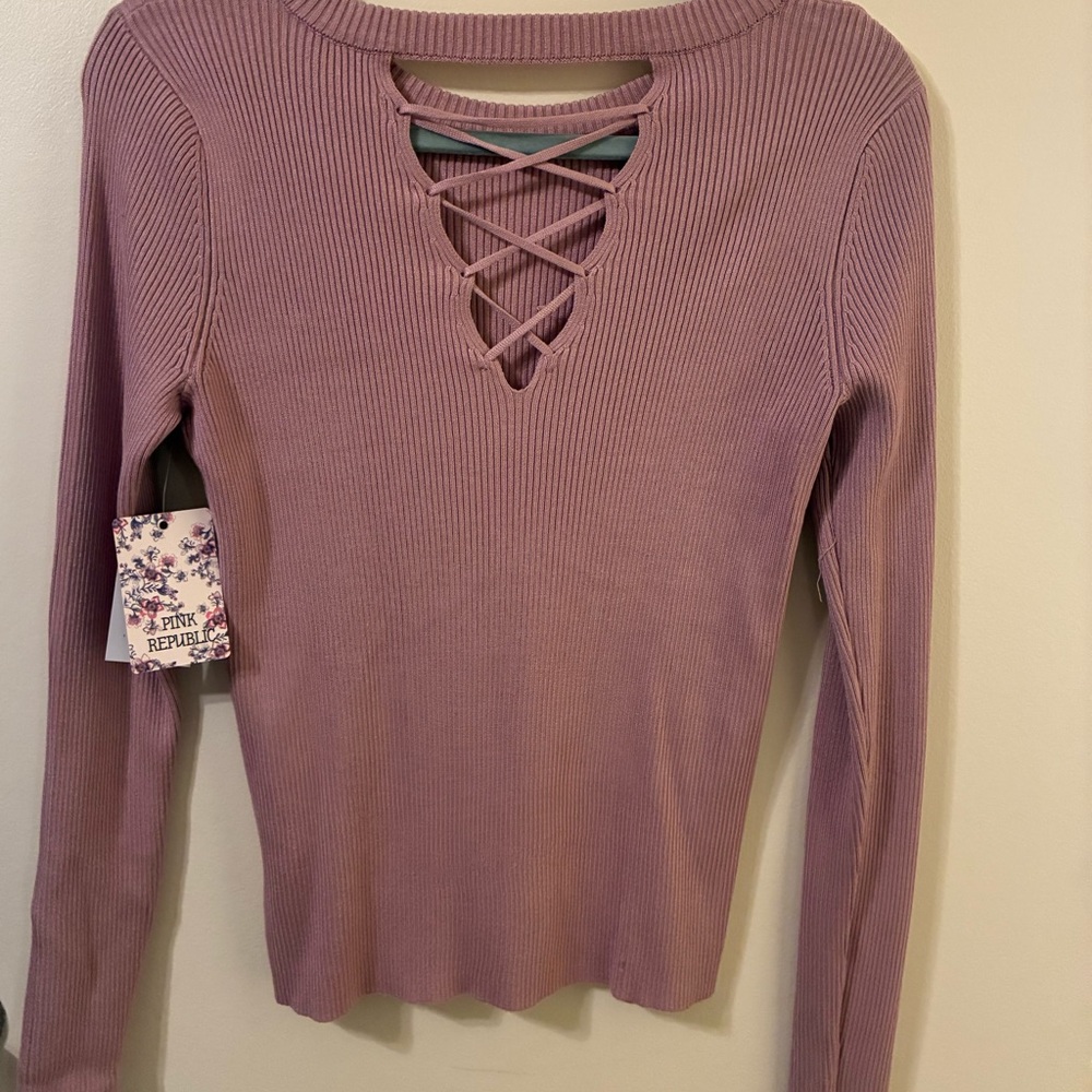 NWT Pink Republic Mauve Ribbed Long Sleeve Top Crisscross Back Y2K Bella Swan L